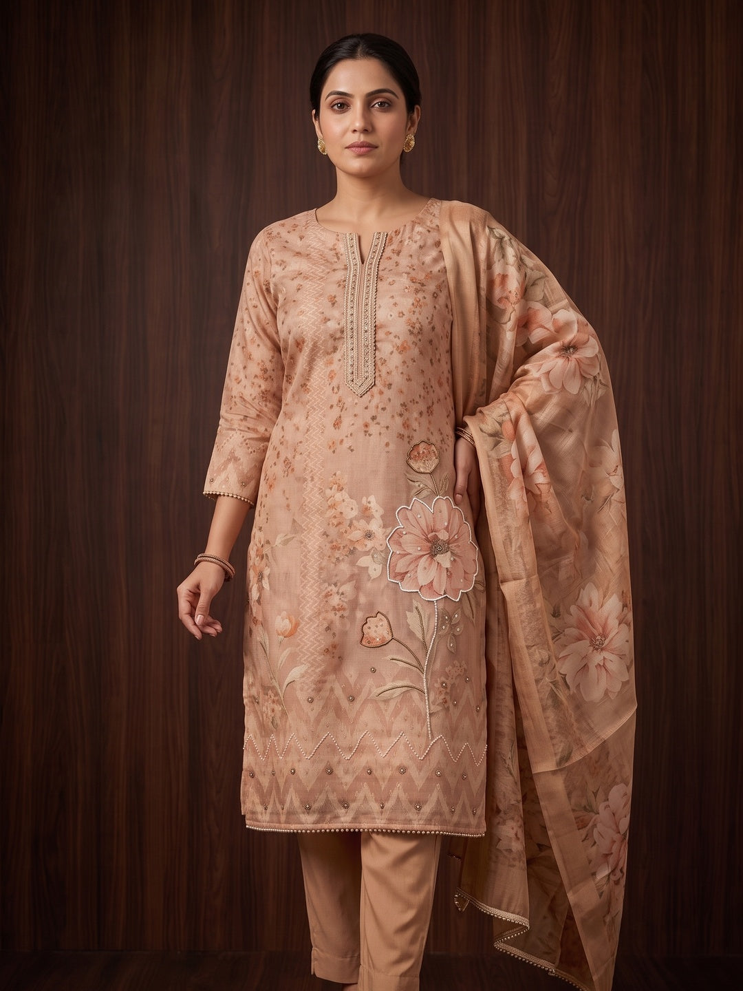 Peachmode Beige Unstitched Dress Material - Image 4