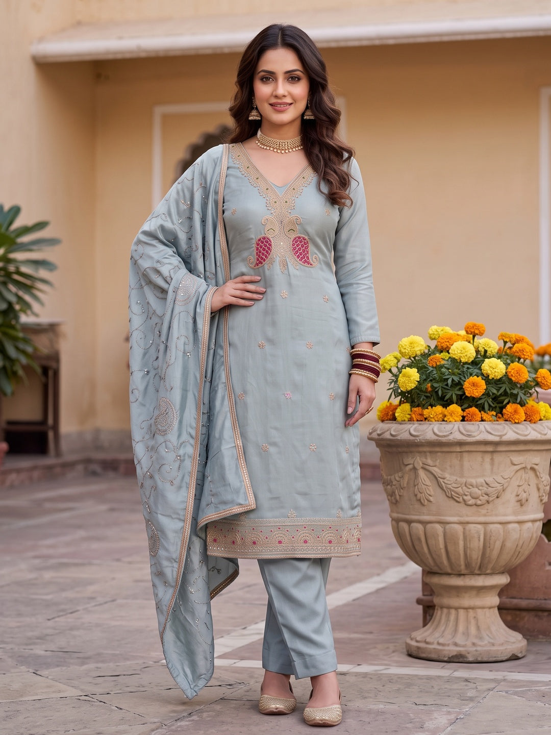 Peachmode Turquoise Unstitched Dress Material - Image 4