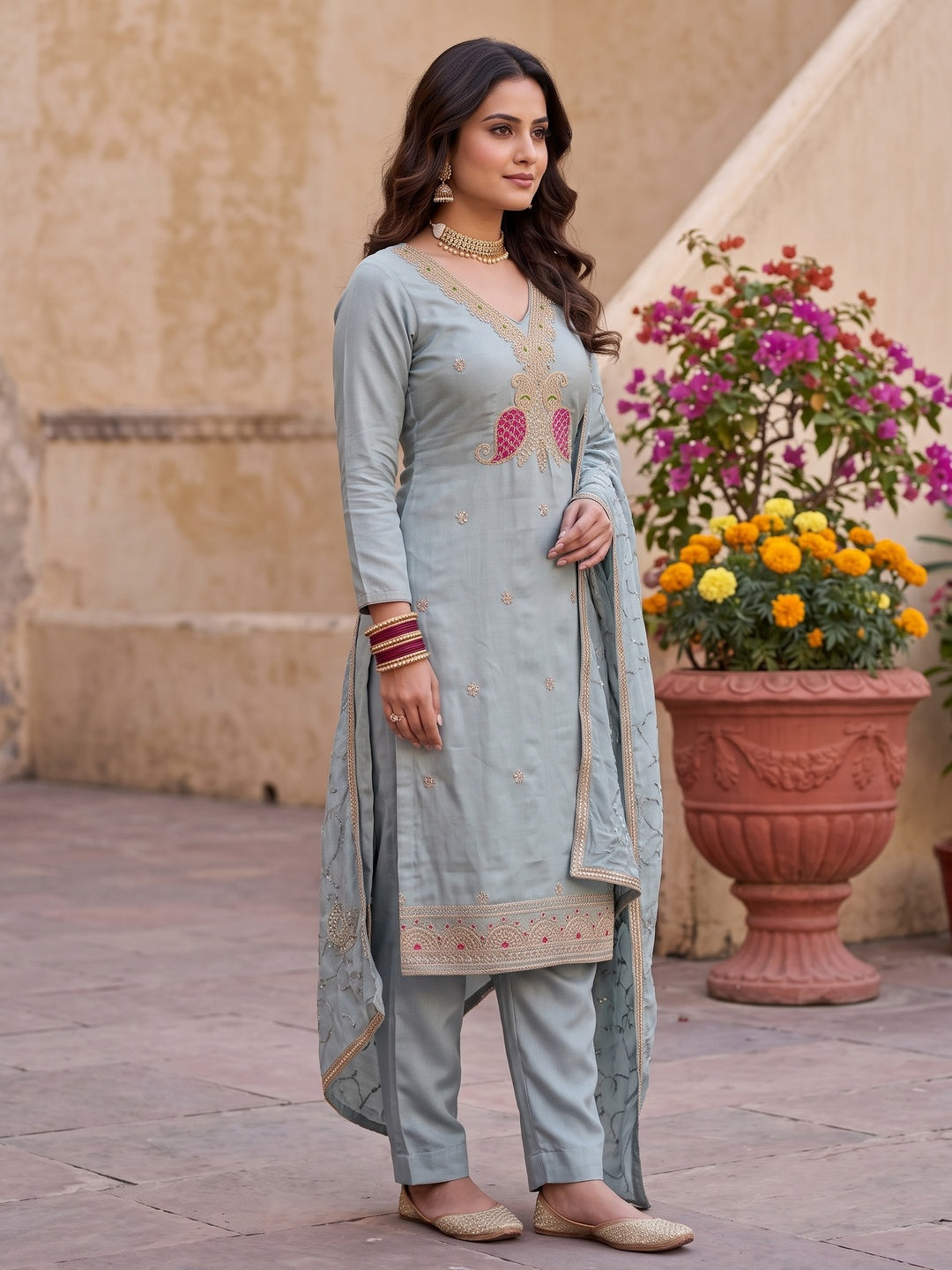 Peachmode Turquoise Unstitched Dress Material - Image 5