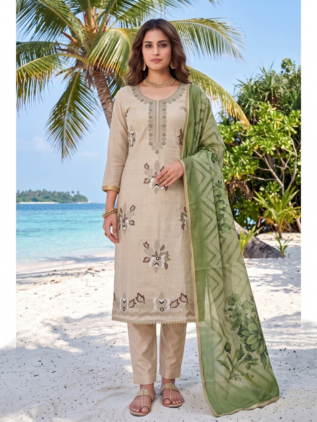 Peachmode Olive Unstitched Dress Material - Image 2