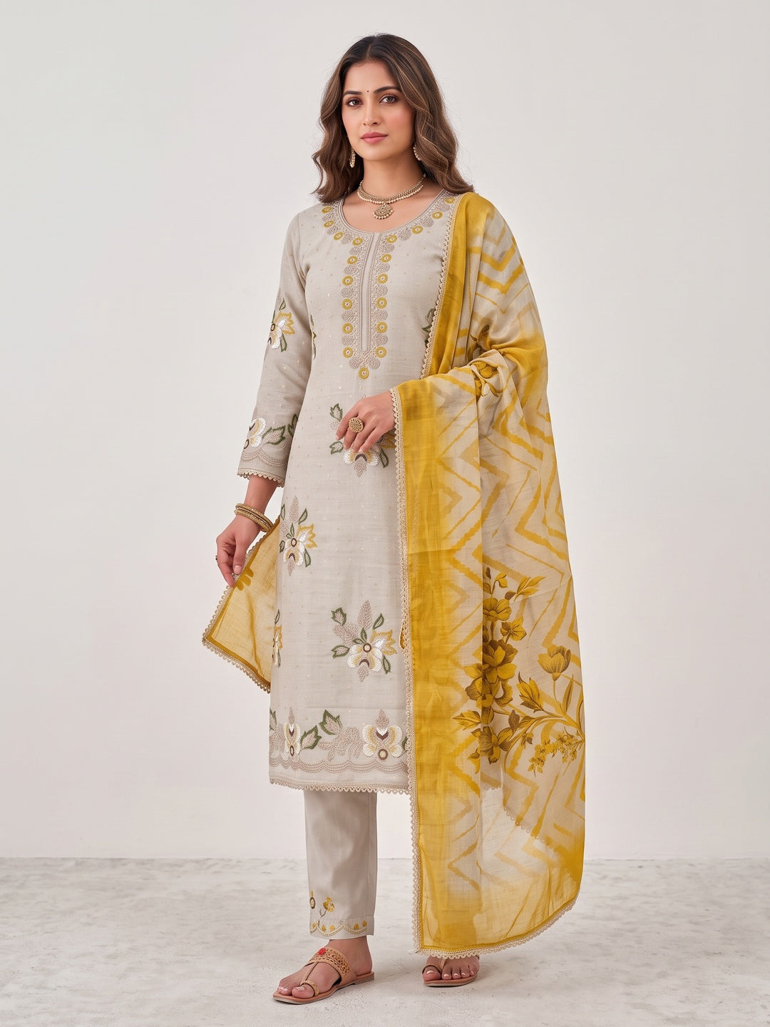 Peachmode Yellow Unstitched Dress Material - Image 4