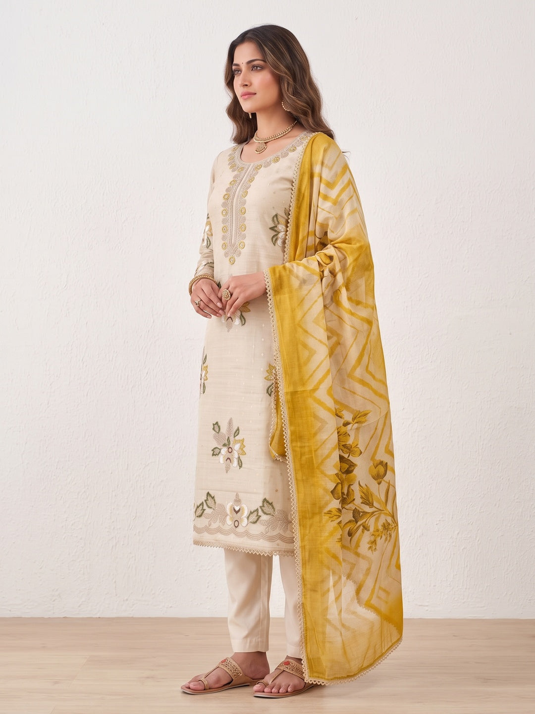 Peachmode Yellow Unstitched Dress Material - Image 5