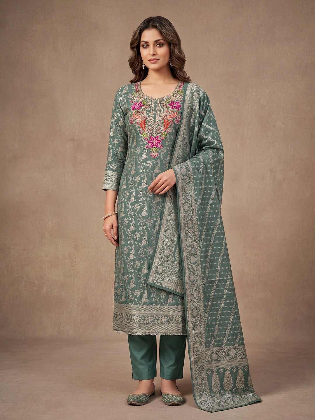 Peachmode Green Unstitched Dress Material - Image 4