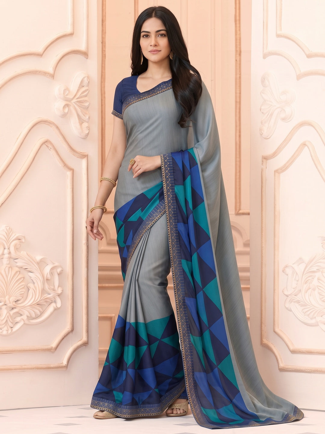 Grey Printed Art Silk Saree With Lace Border - Image 8