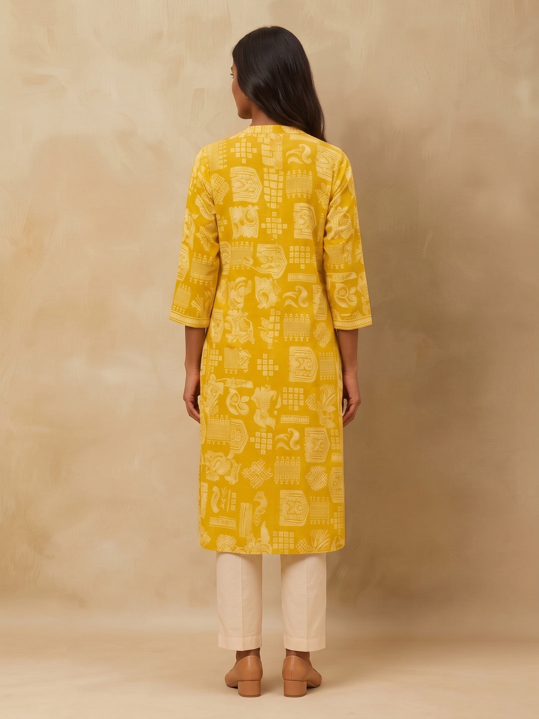 Olive Handblock Printed Pure Cotton A-Line Kurti - Image 2