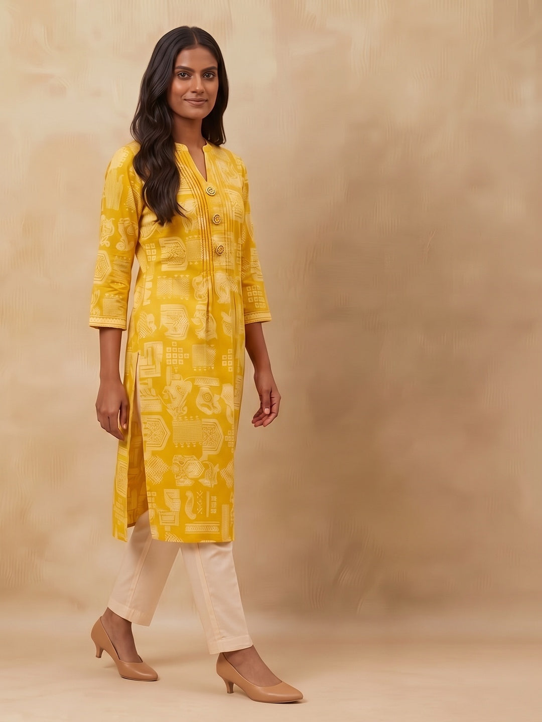 Olive Handblock Printed Pure Cotton A-Line Kurti - Image 4