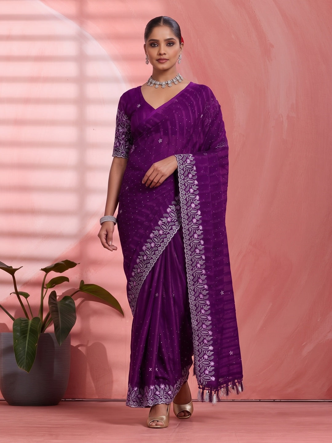 Graceful Wine Floral Embroidery & Swarovski Work Chiffon Saree With Luxurious Tassel Pallu - Image 6