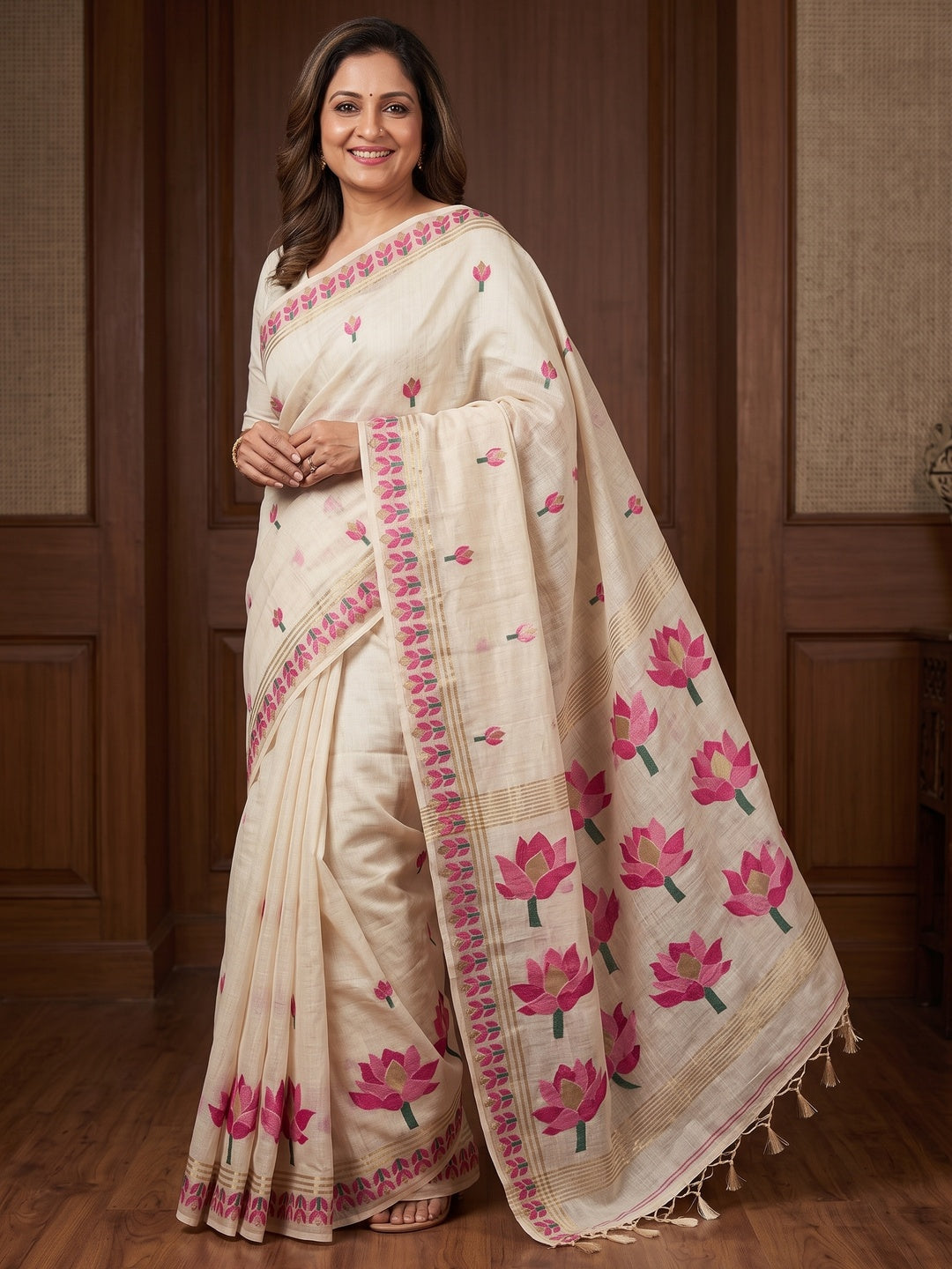 Peachmode Off White Pink Lotus Woven Cotton Blend Jamdani Saree - Image 1