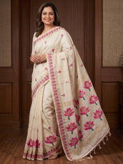 Peachmode Off White Pink Lotus Woven Cotton Blend Jamdani Saree