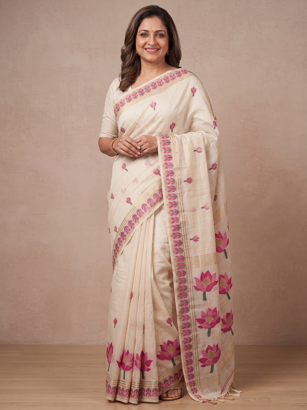 Peachmode Off White Pink Lotus Woven Cotton Blend Jamdani Saree - Image 2