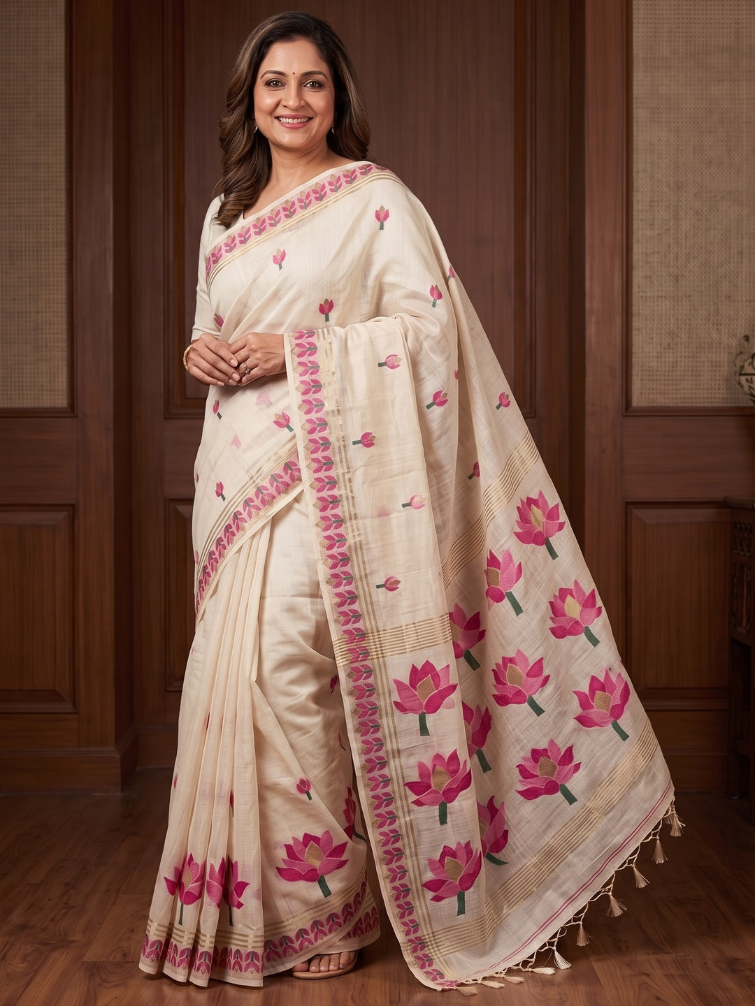 Peachmode Off White Pink Lotus Woven Cotton Blend Jamdani Saree - Image 3