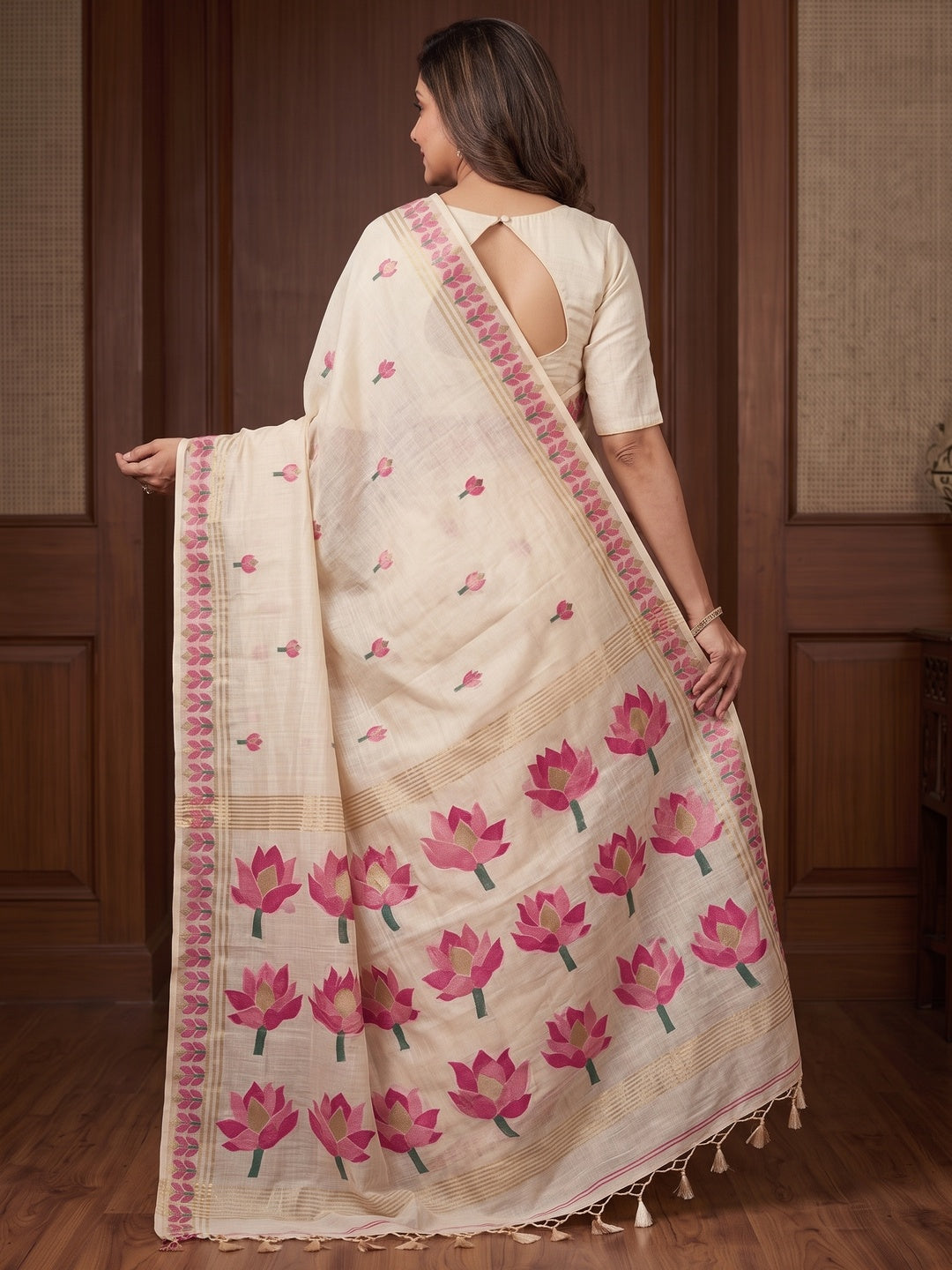 Peachmode Off White Pink Lotus Woven Cotton Blend Jamdani Saree - Image 4