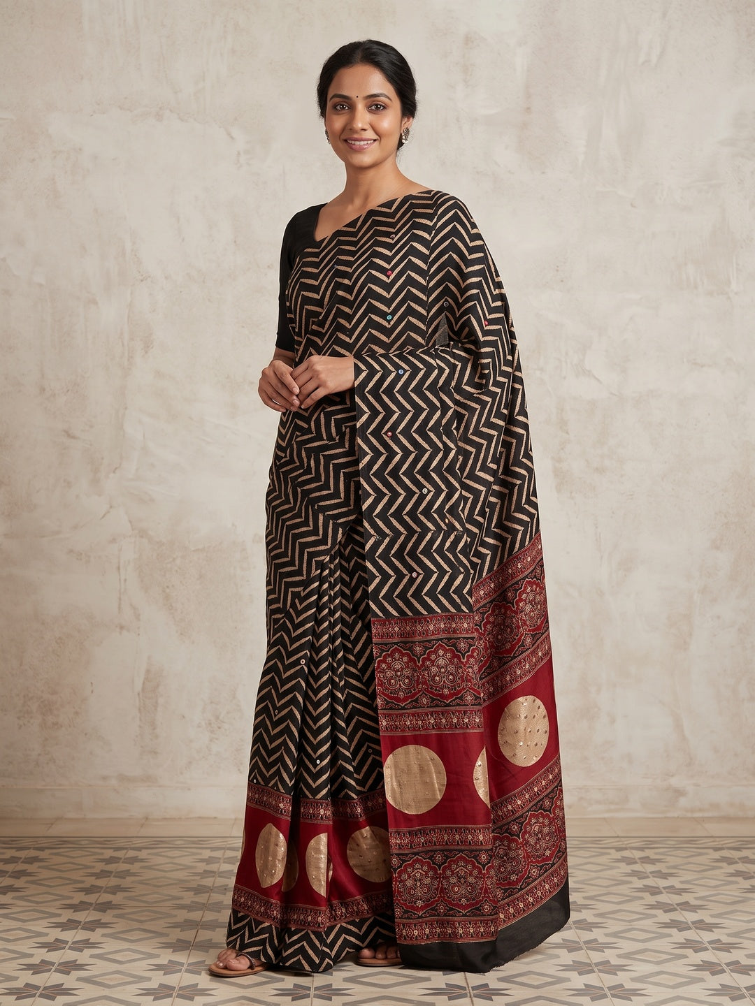 Peachmode Black Red Chevron Print Crepe Silk Saree - Image 1