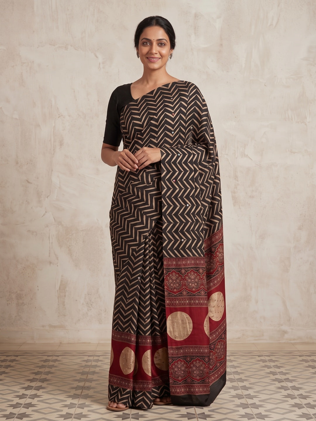 Peachmode Black Red Chevron Print Crepe Silk Saree - Image 2