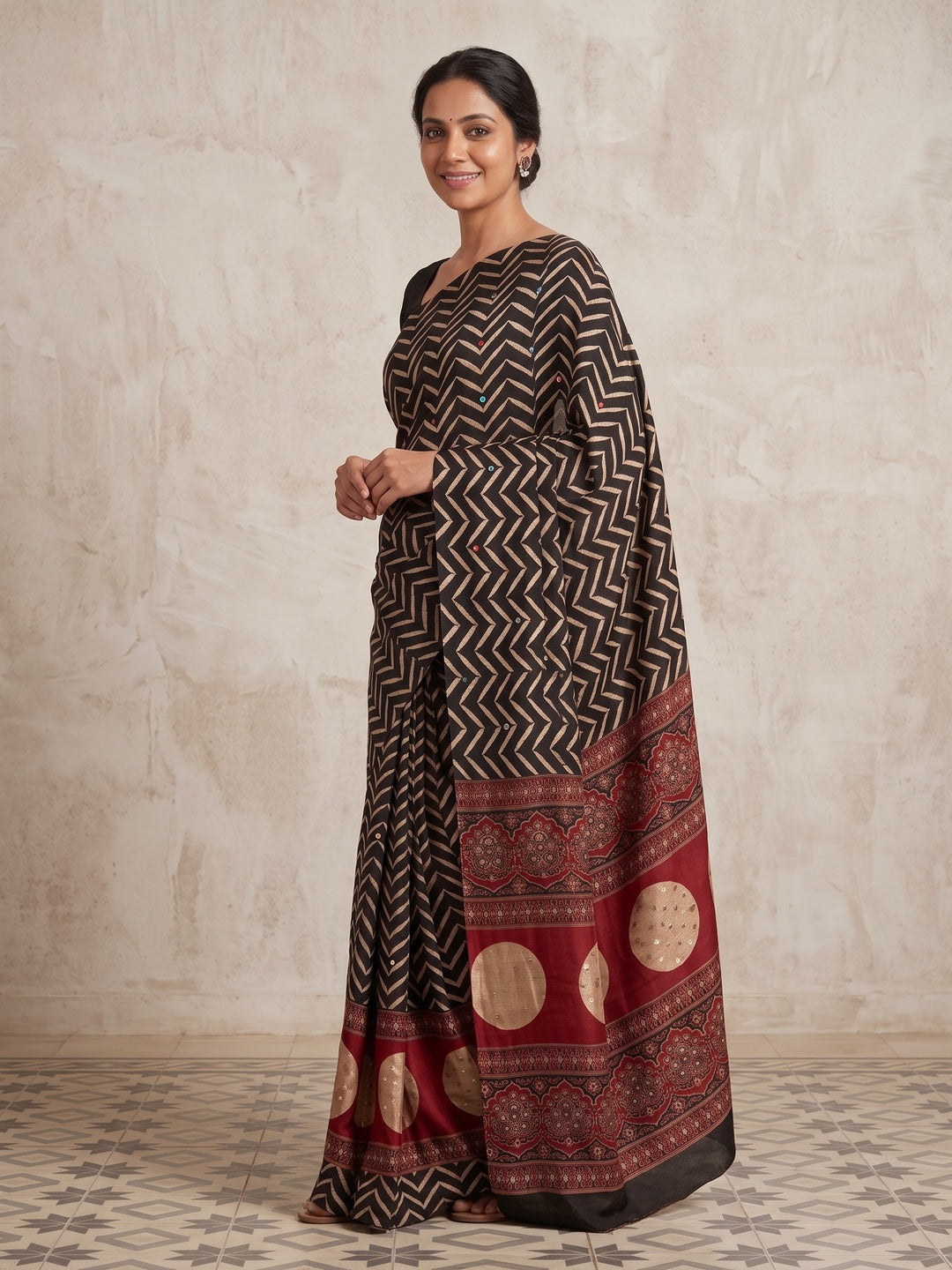Peachmode Black Red Chevron Print Crepe Silk Saree - Image 5