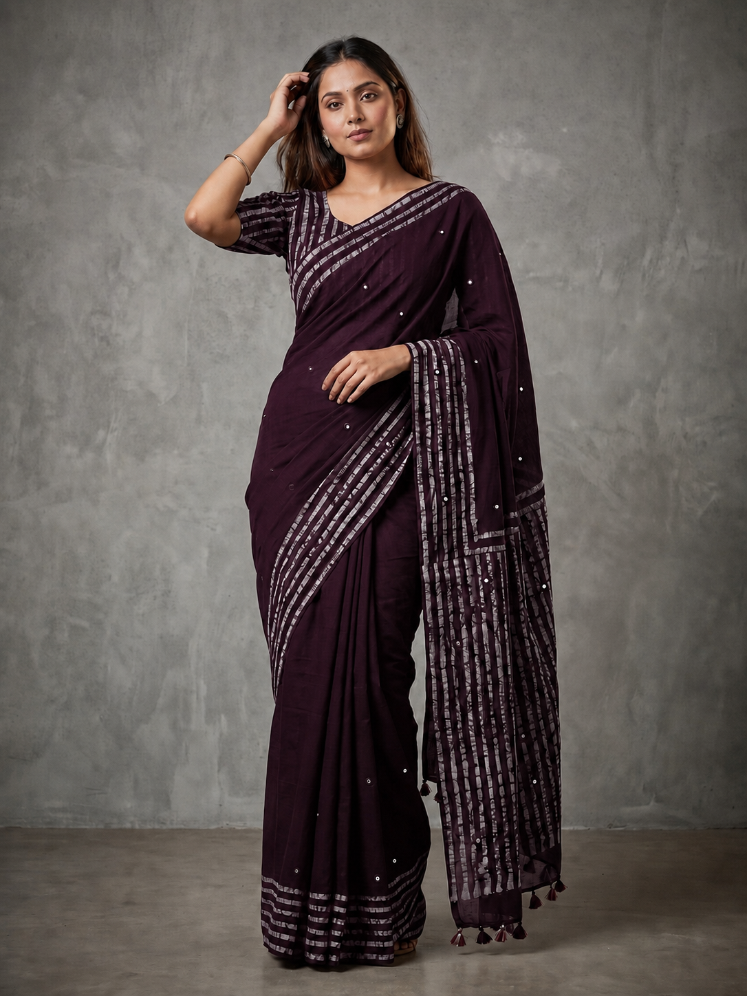 Peachmode Deep Wine Mul Cotton Mirror Work Saree - Image 1