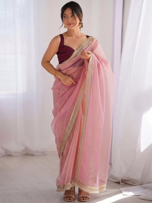 Feminine Rose Pink Solid Net Saree with Sophisticated Lace Border Work - Image 1