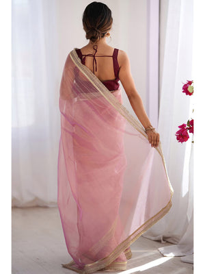 Feminine Rose Pink Solid Net Saree with Sophisticated Lace Border Work - Image 2