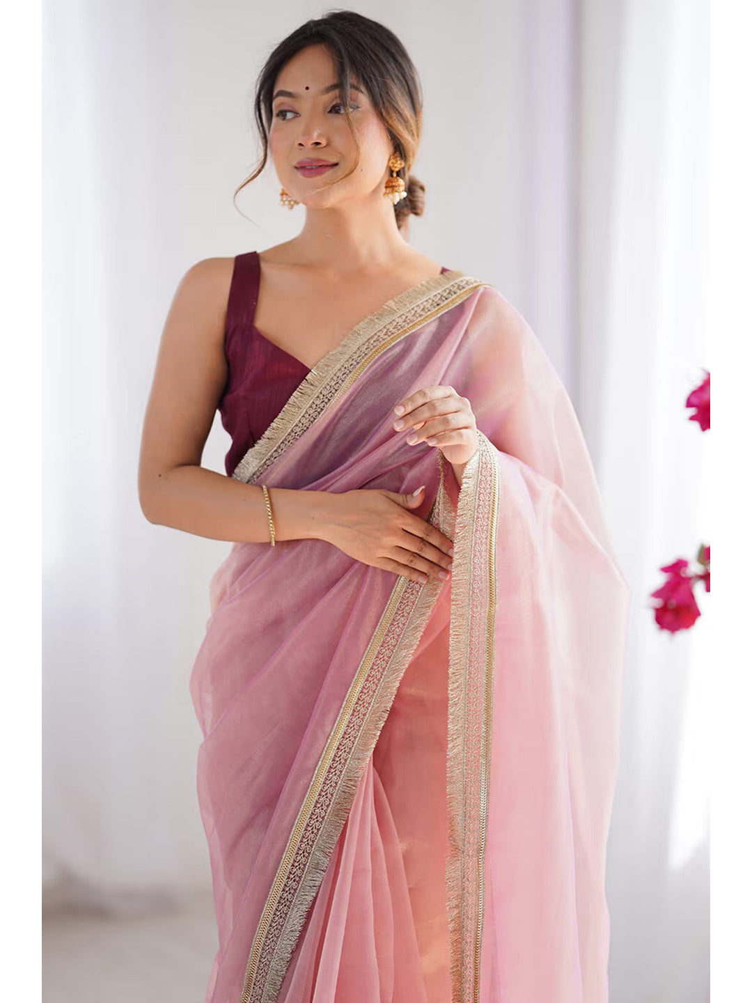 Feminine Rose Pink Solid Net Saree with Sophisticated Lace Border Work - Image 4