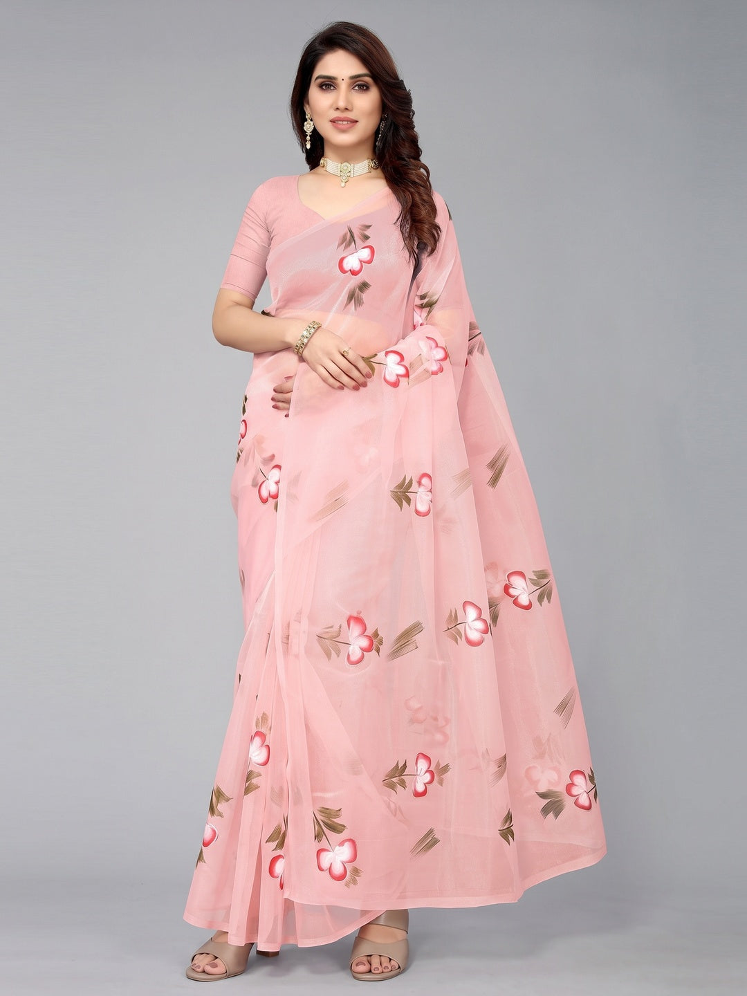 Pink Hand Printed Organza Saree - Image 1