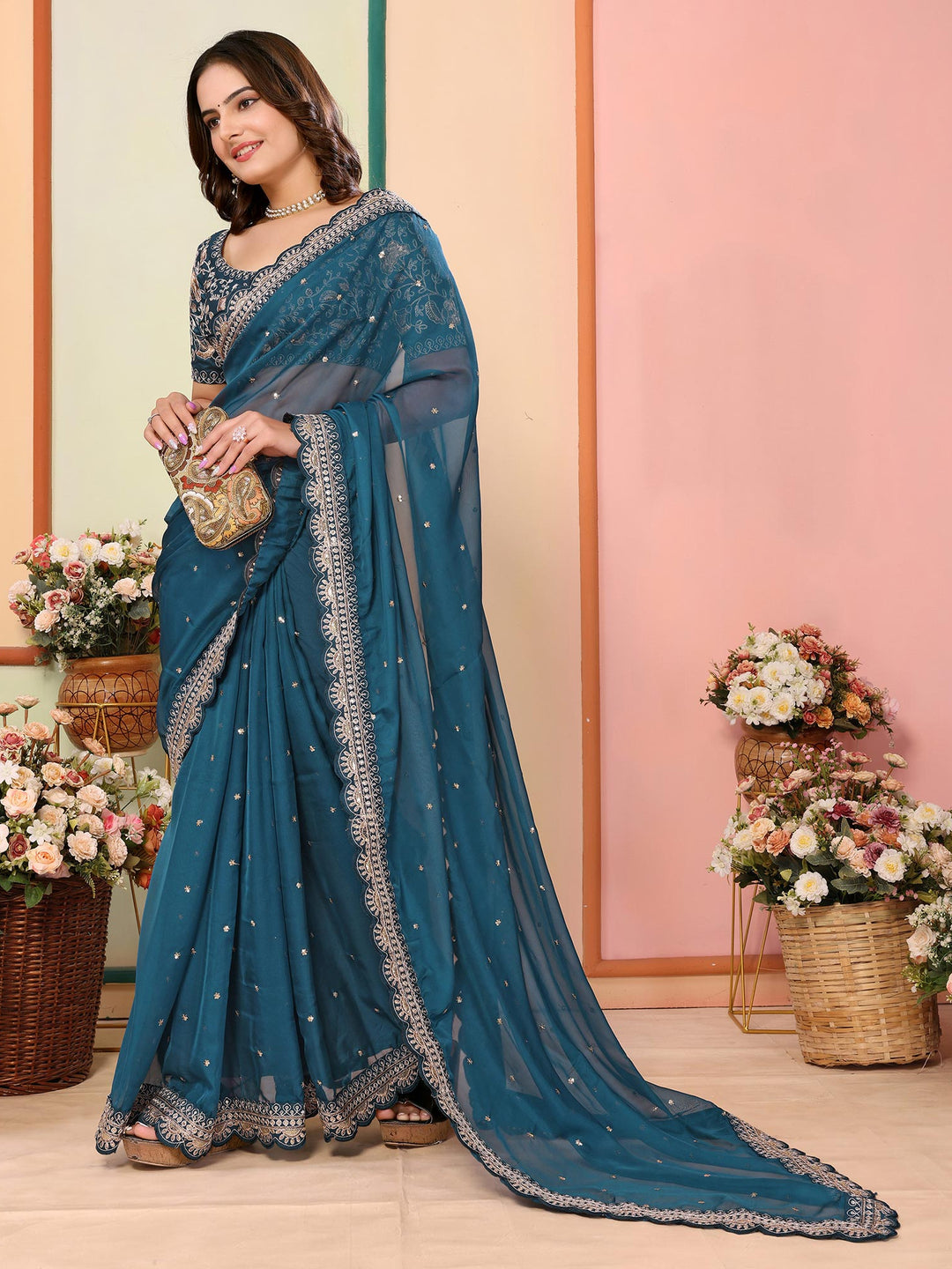 Blue Sequins Embroidered Embroidered Organza Saree - Image 1