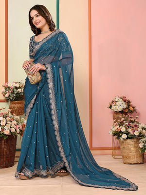 Blue Sequins Embroidered Embroidered Organza Saree - Image 1