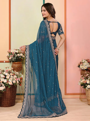Blue Sequins Embroidered Embroidered Organza Saree - Image 2