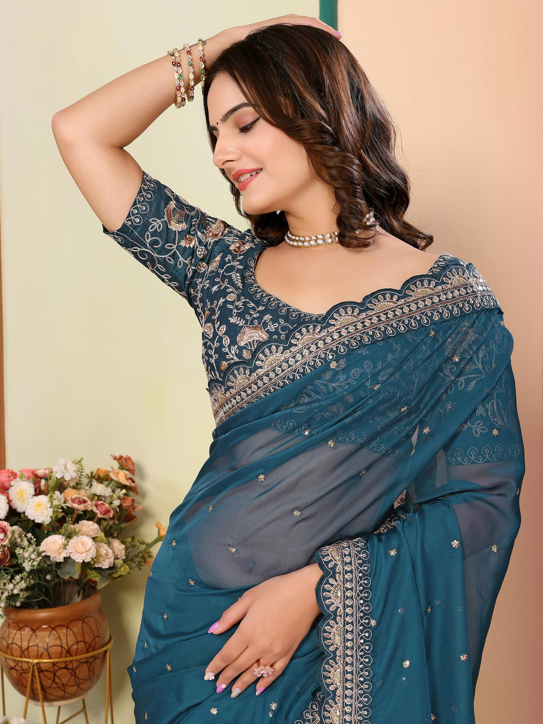 Blue Sequins Embroidered Embroidered Organza Saree - Image 4