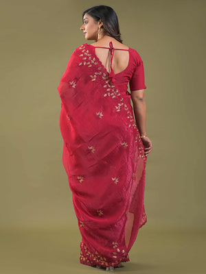 Dark Pink Sheer Organza Saree Adorned with Floral Embroidery - Image 2