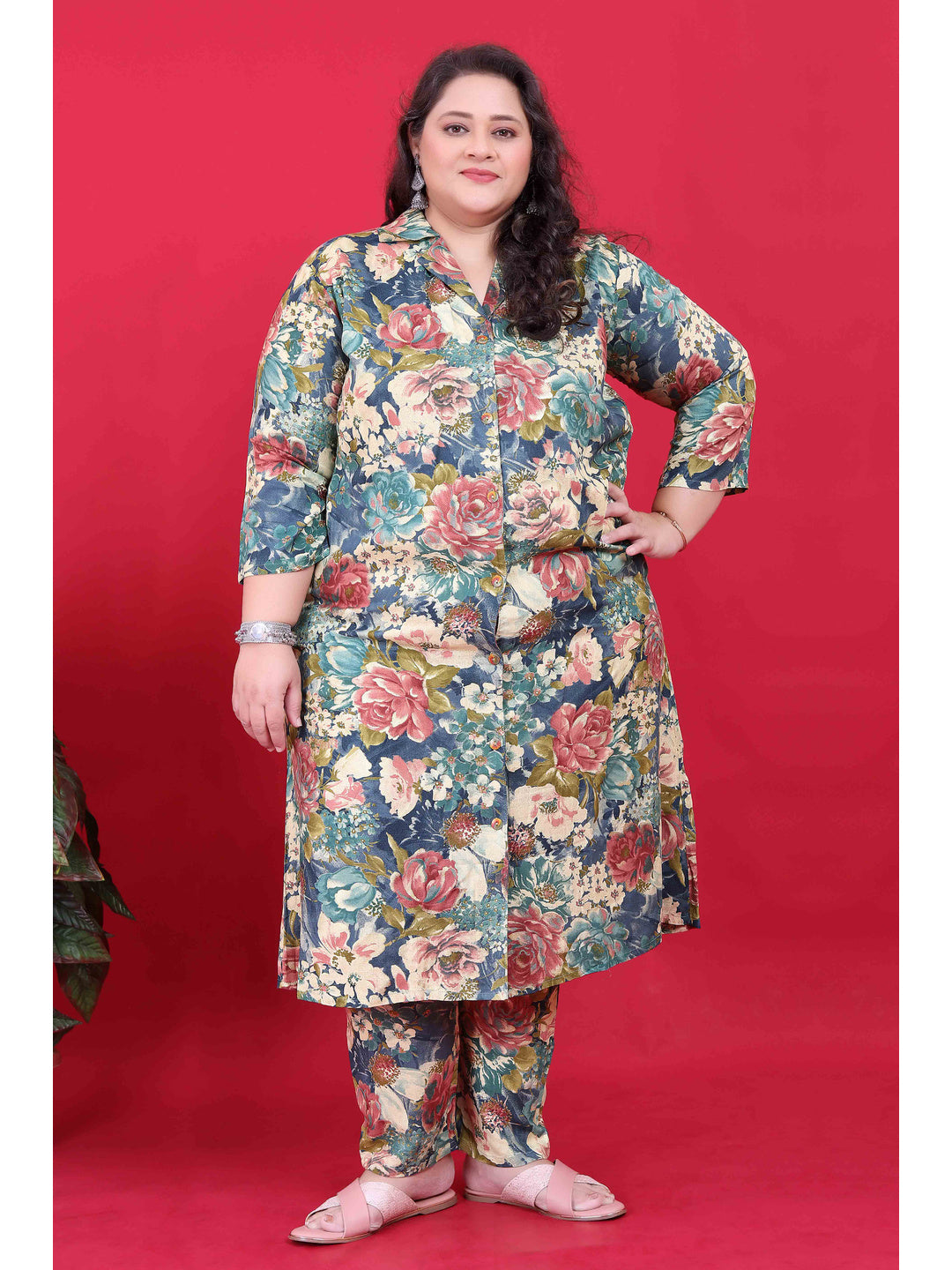 Blue Floral Printed Rayon Co-Ord Set - Image 1