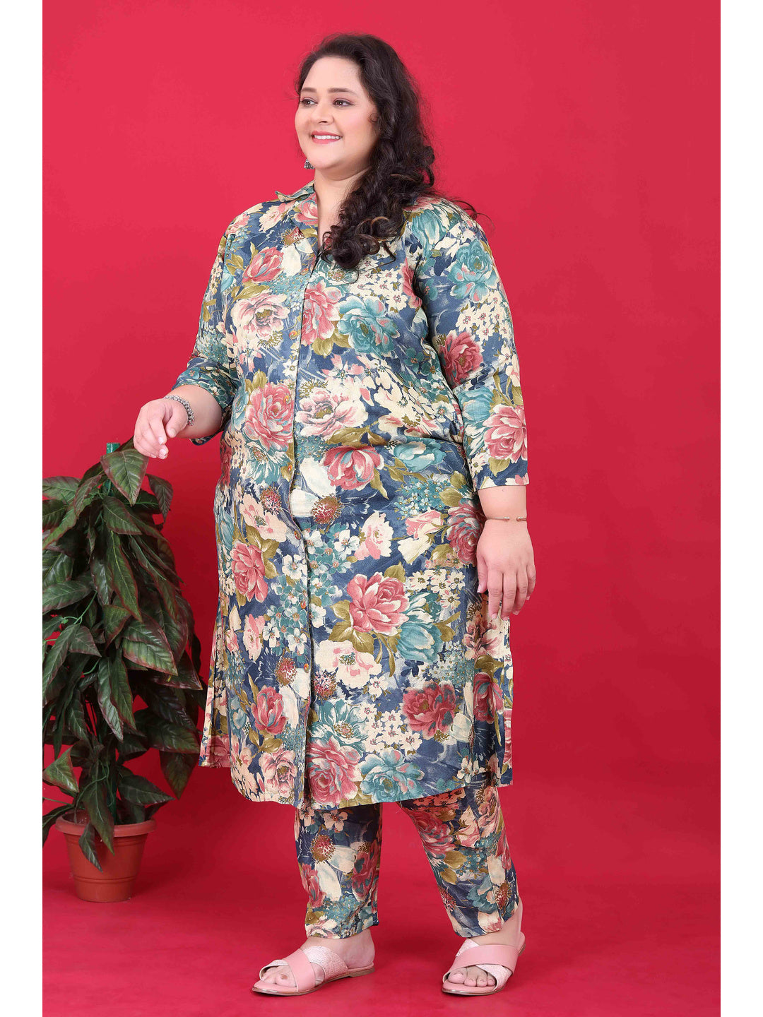 Blue Floral Printed Rayon Co-Ord Set - Image 2