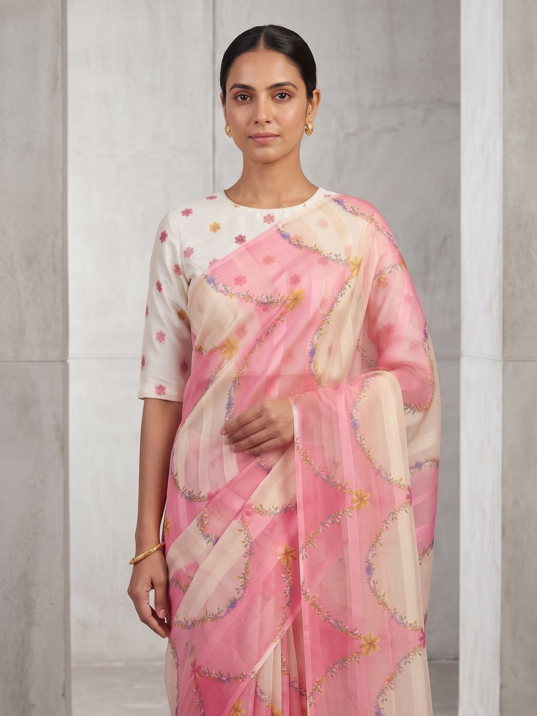 Pink Bloom Floral Digital Printed Georgette Saree Accentuated With Graceful Zari Stripes - Image 3