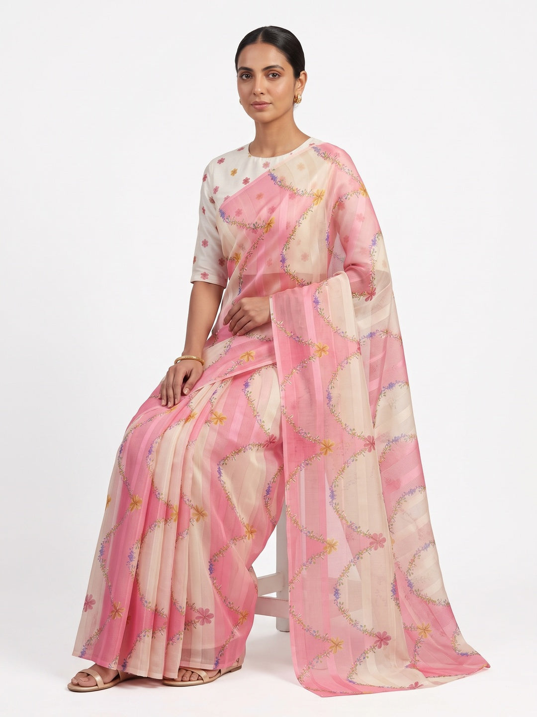 Pink Bloom Floral Digital Printed Georgette Saree Accentuated With Graceful Zari Stripes - Image 4