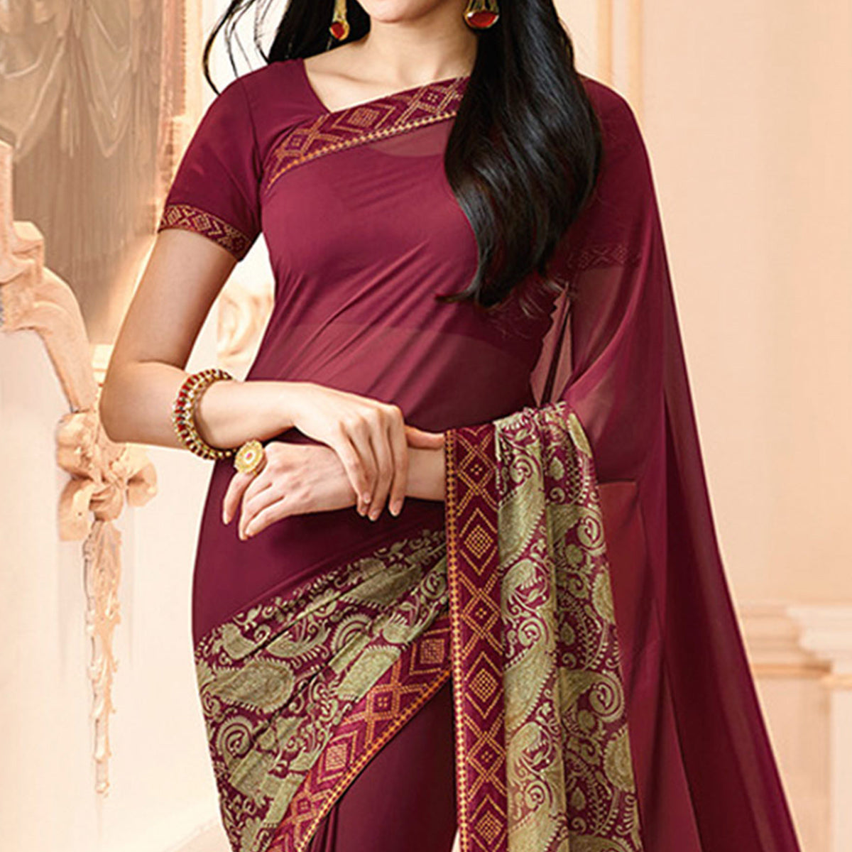Maroon Printed Georgette Saree With Lace Border - Image 6