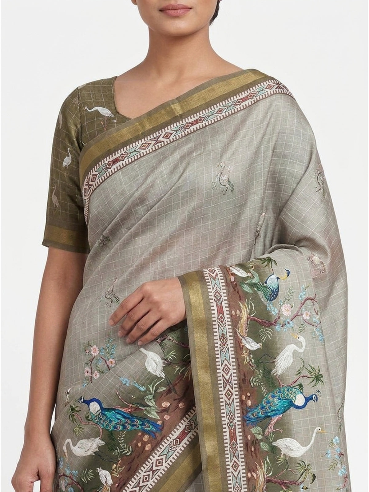 Grey Digital Printed Dola Silk Saree With Royal Floral & Peacock Motifs - Image 4