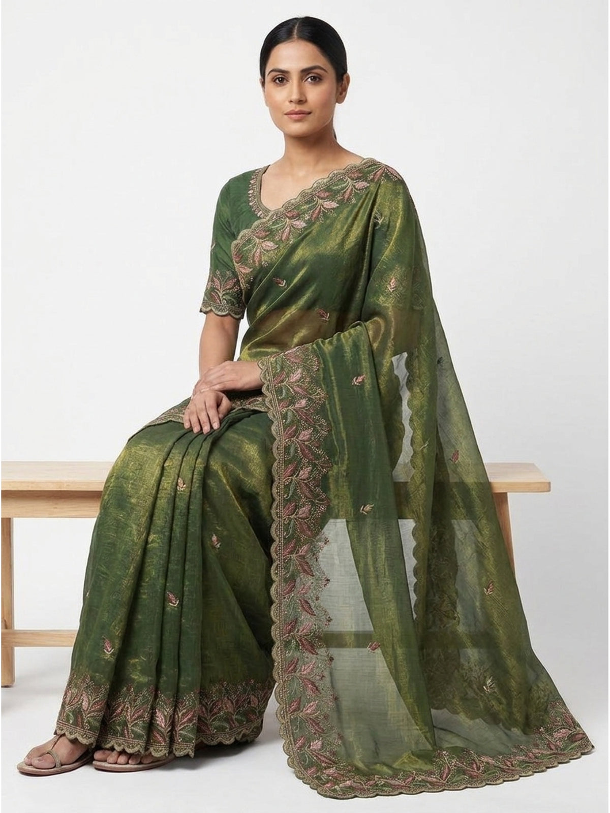 Mesmerizing Green Chiffon Saree Showcasing Artistic Floral Embroidery For A Luxurious Appeal - Image 8