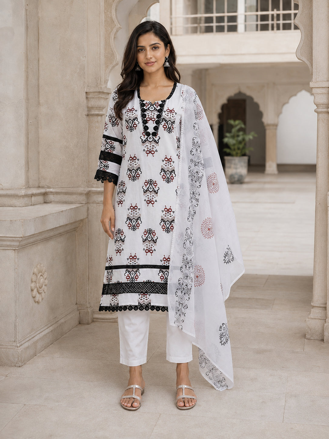 Peachmode Offwhite Pure Cotton Geometric Printed Salwar Suit - Image 2