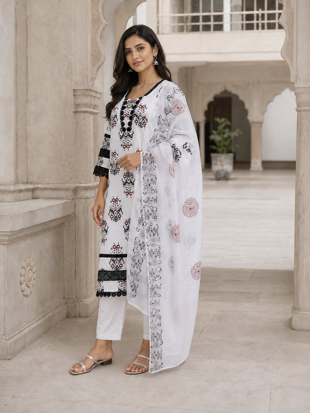 Peachmode Offwhite Pure Cotton Geometric Printed Salwar Suit - Image 3