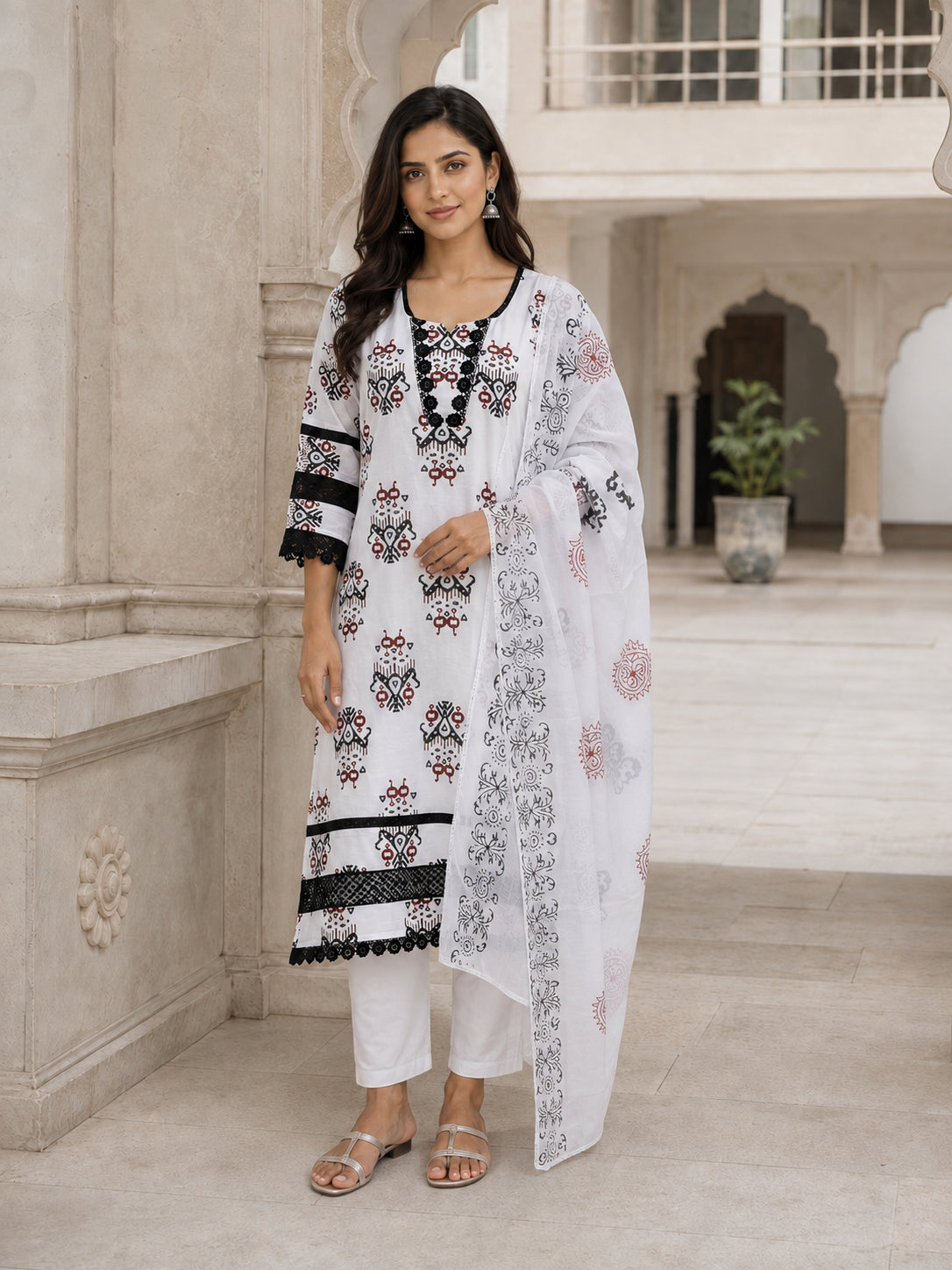 Peachmode Offwhite Pure Cotton Geometric Printed Salwar Suit - Image 5