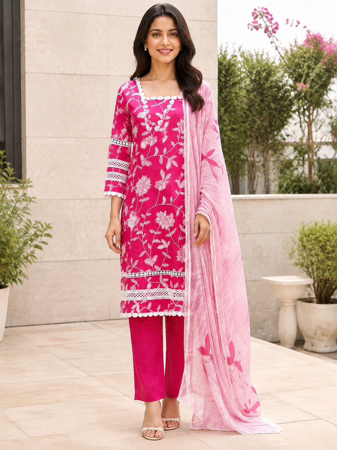 Peachmode Pink Pure Cotton Floral Printed Salwar Suit - Image 2