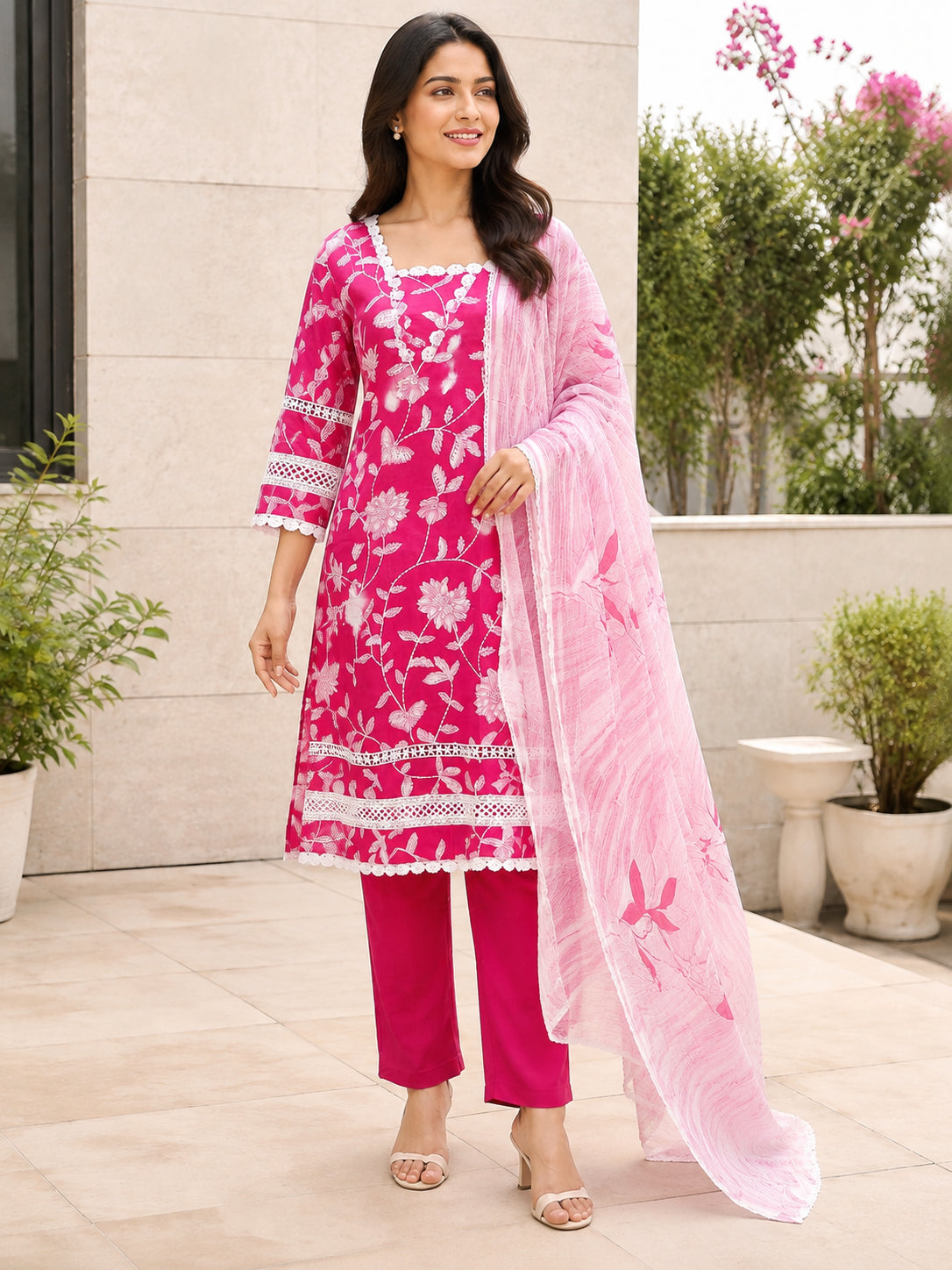 Peachmode Pink Pure Cotton Floral Printed Salwar Suit - Image 5