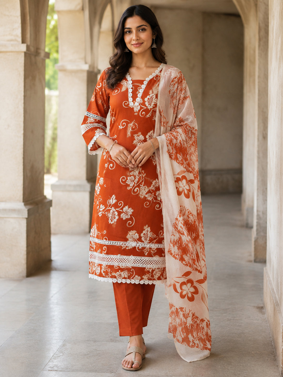 Peachmode Rust Pure Cotton Floral Printed Salwar Suit - Image 1