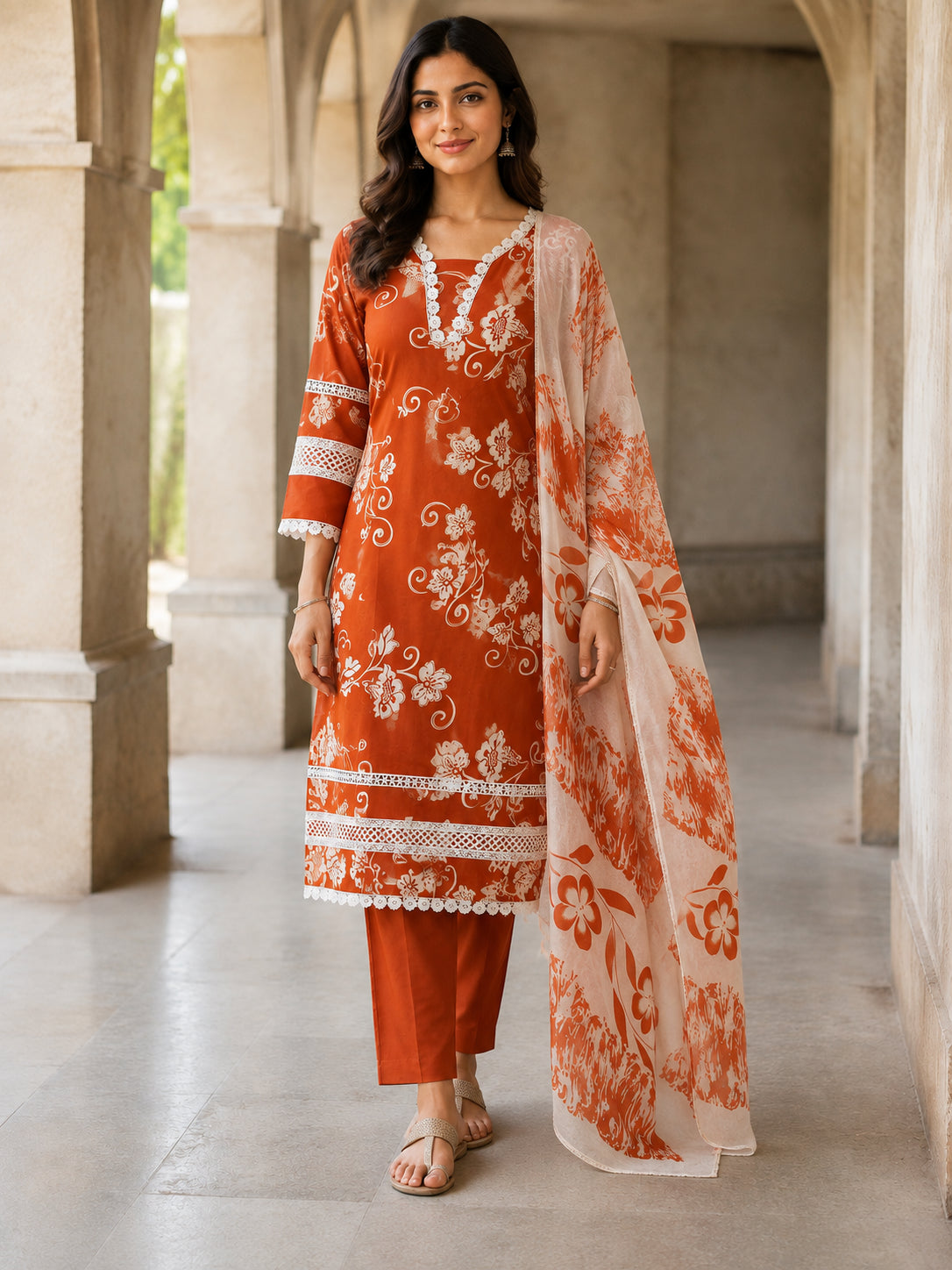 Peachmode Rust Pure Cotton Floral Printed Salwar Suit - Image 2