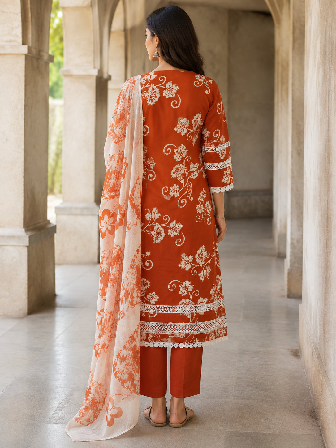 Peachmode Rust Pure Cotton Floral Printed Salwar Suit - Image 4