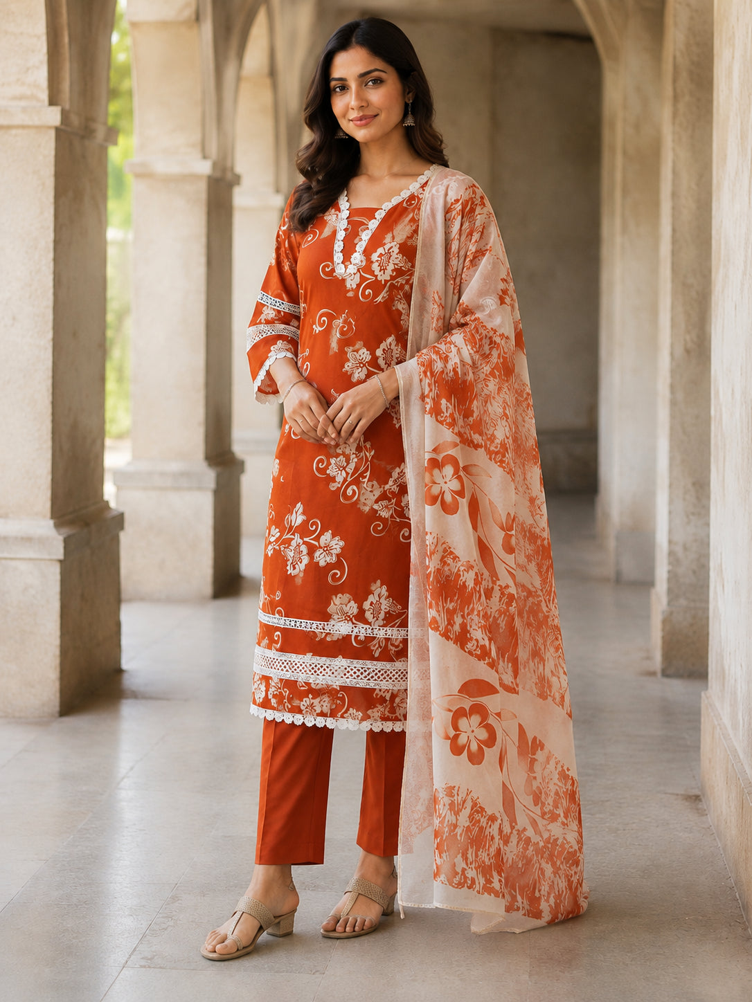 Peachmode Rust Pure Cotton Floral Printed Salwar Suit - Image 5