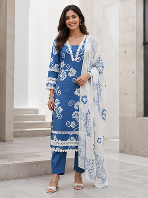 Peachmode Blue Pure Cotton Floral Printed Salwar Suit - Image 1