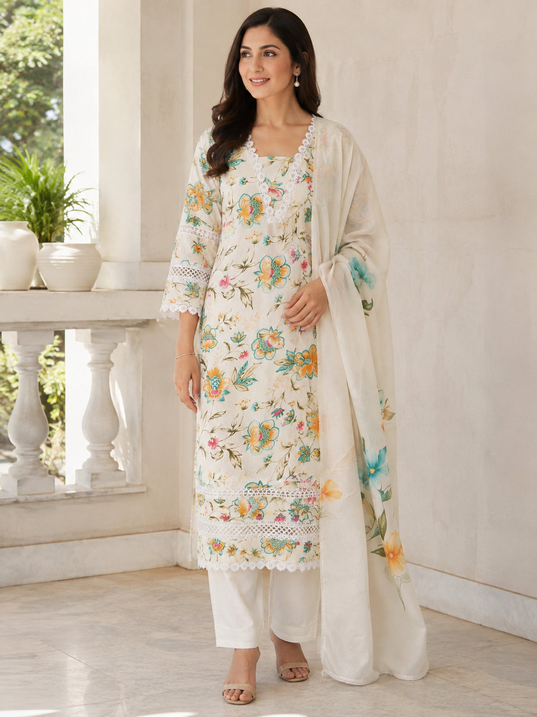 Peachmode Cream Pure Cotton Floral Printed Salwar Suit - Image 1