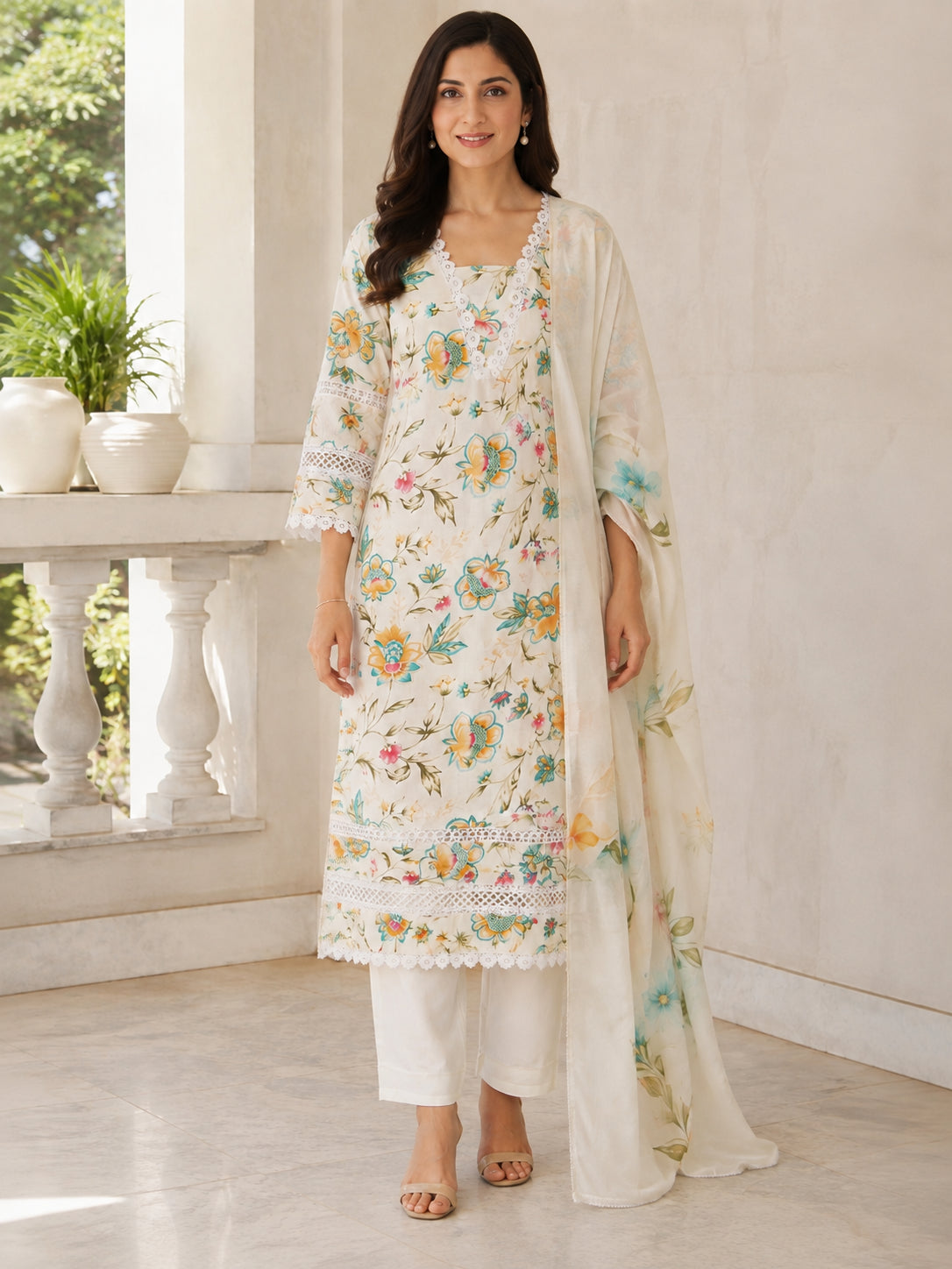 Peachmode Cream Pure Cotton Floral Printed Salwar Suit - Image 2