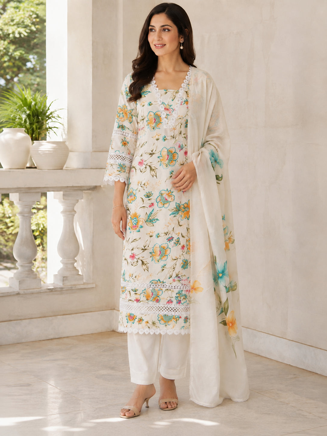 Peachmode Cream Pure Cotton Floral Printed Salwar Suit - Image 3