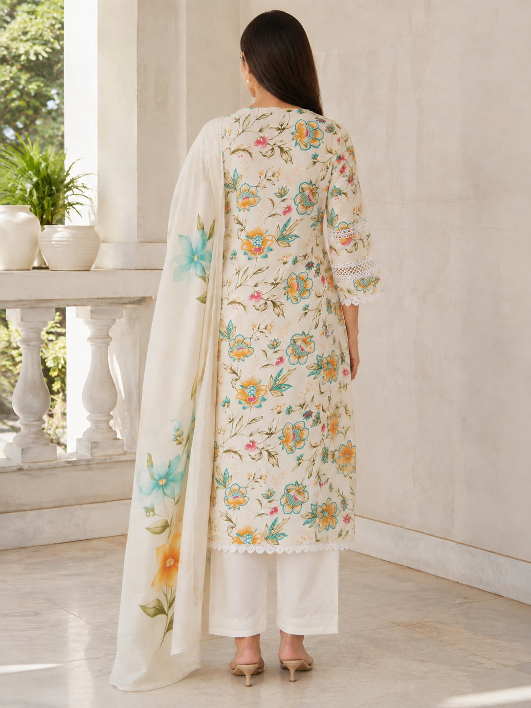 Peachmode Cream Pure Cotton Floral Printed Salwar Suit - Image 4